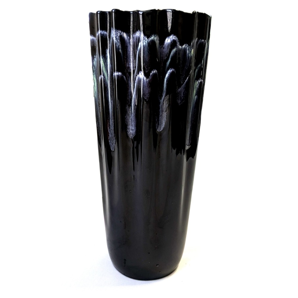 Royal Haeger R1406 Black Drip Glaze Ebony Fluted Ribbed Ceramic Vase MCM 11.5in